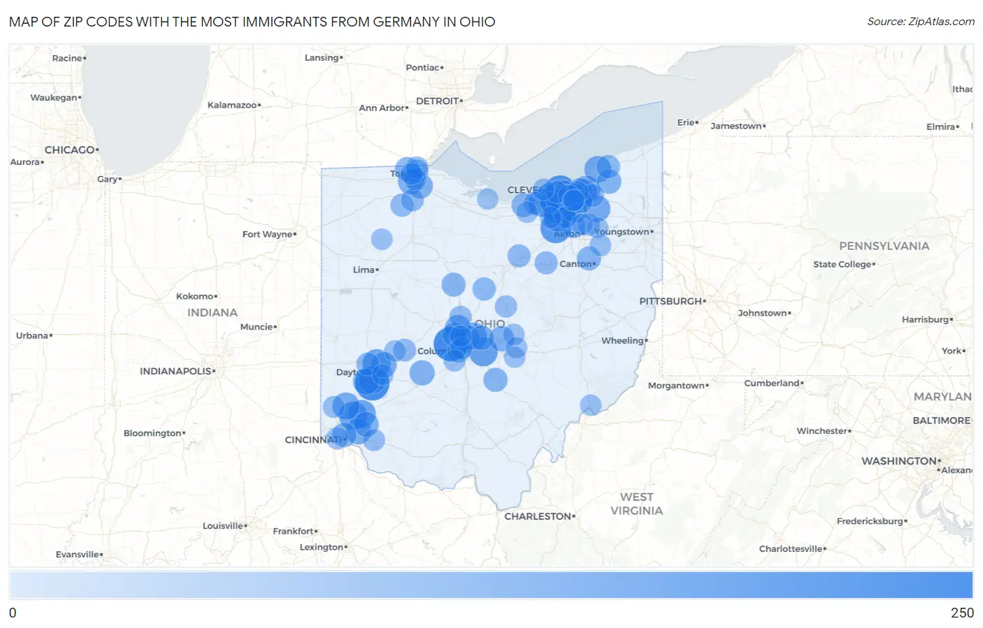 Zip Codes with the Most Immigrants from Germany in Ohio Map