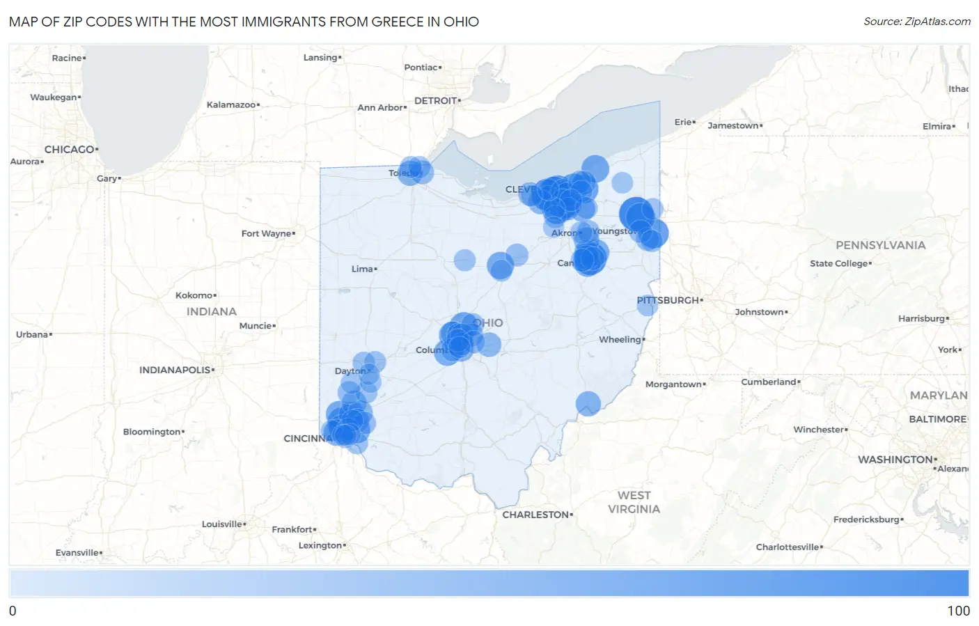 Zip Codes with the Most Immigrants from Greece in Ohio Map
