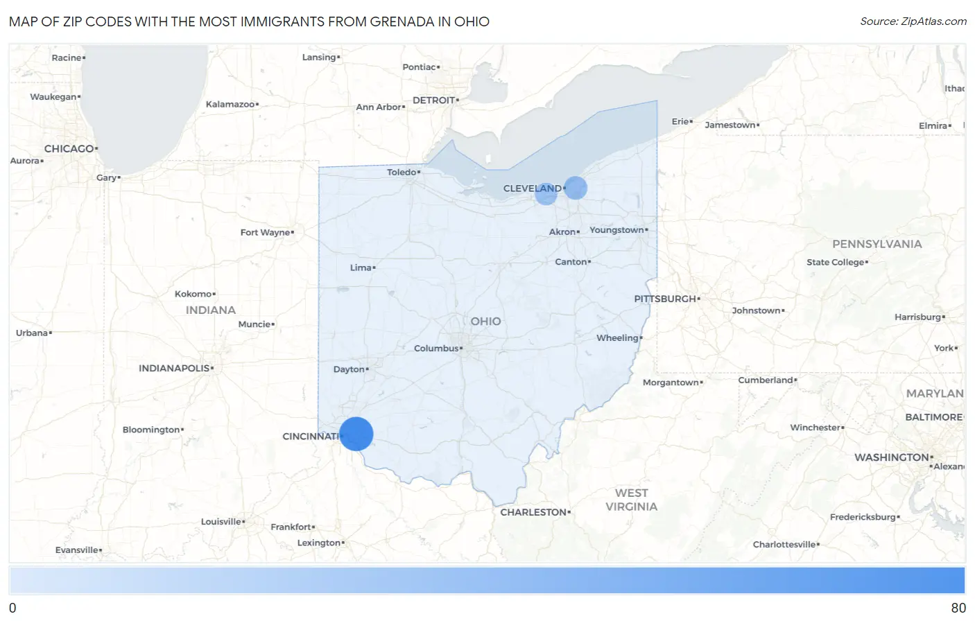 Zip Codes with the Most Immigrants from Grenada in Ohio Map