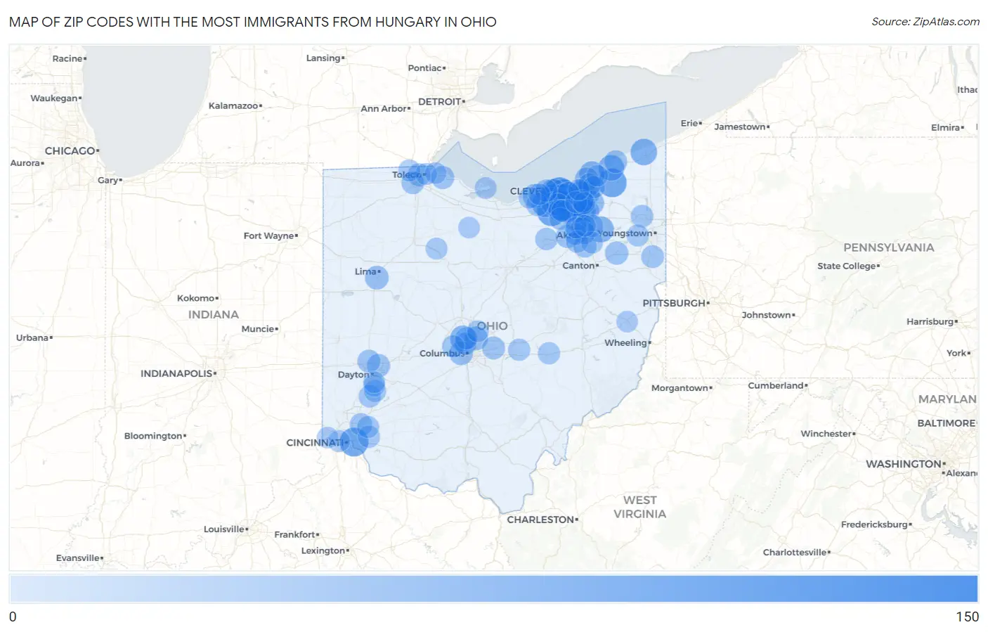 Zip Codes with the Most Immigrants from Hungary in Ohio Map