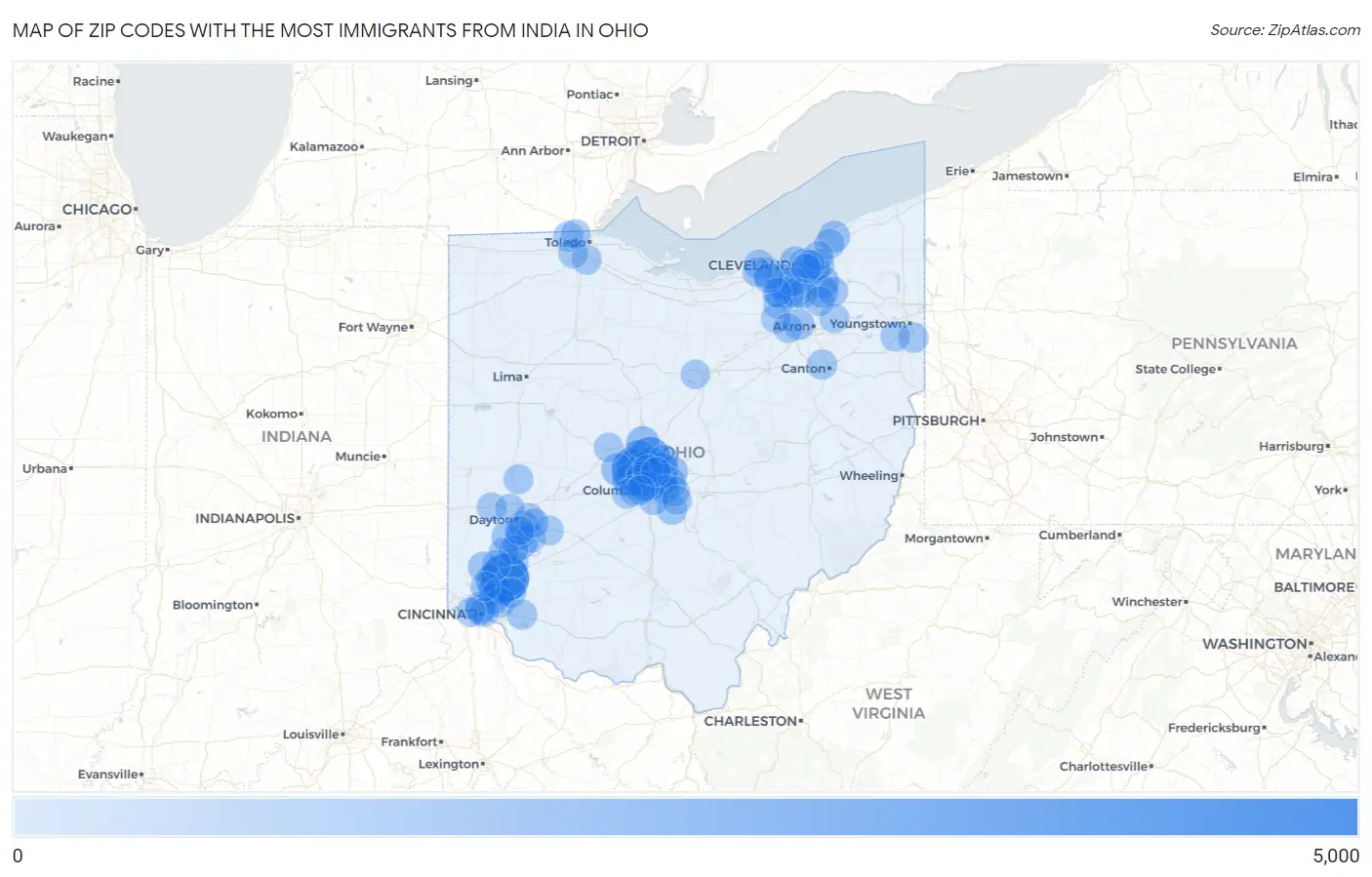 Zip Codes with the Most Immigrants from India in Ohio Map