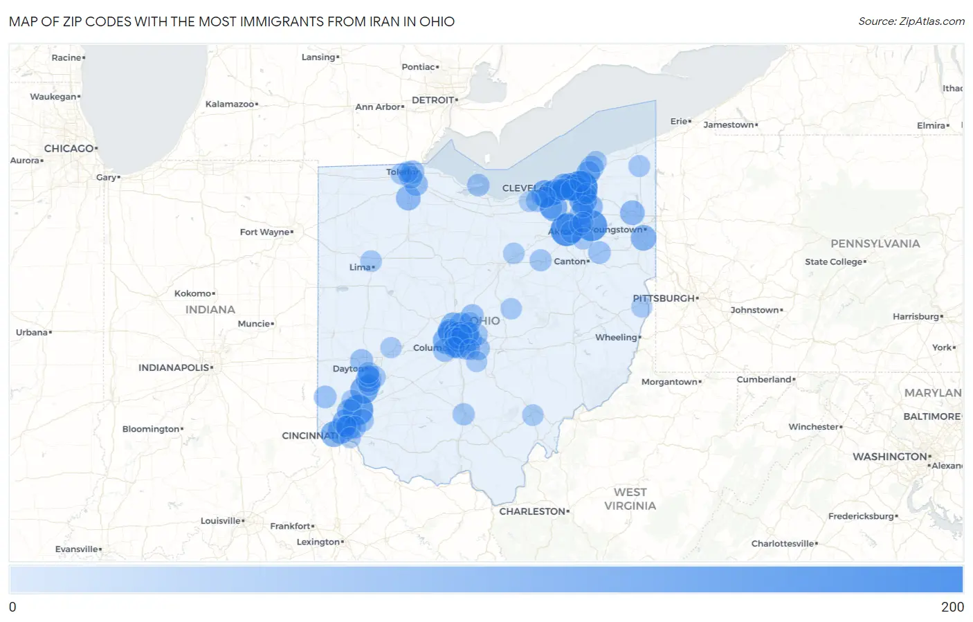 Zip Codes with the Most Immigrants from Iran in Ohio Map