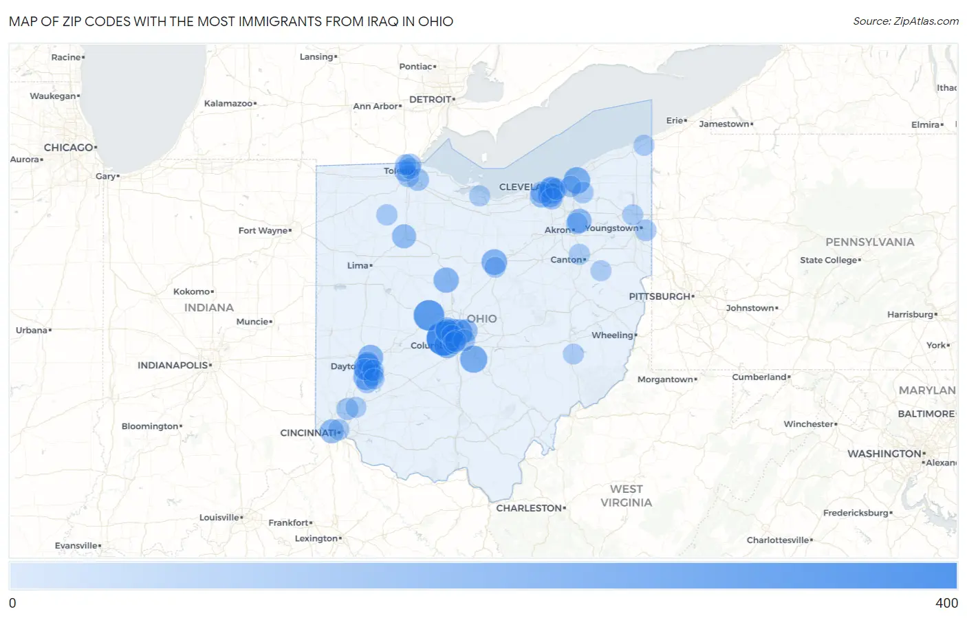 Zip Codes with the Most Immigrants from Iraq in Ohio Map