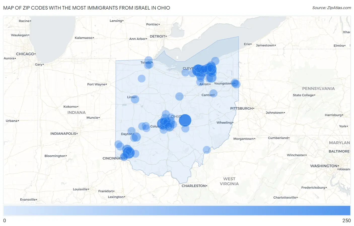 Zip Codes with the Most Immigrants from Israel in Ohio Map