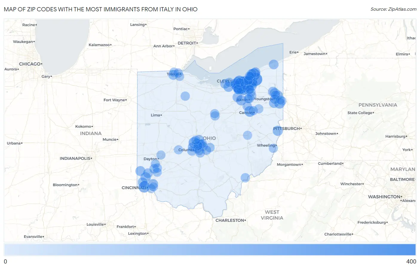 Zip Codes with the Most Immigrants from Italy in Ohio Map