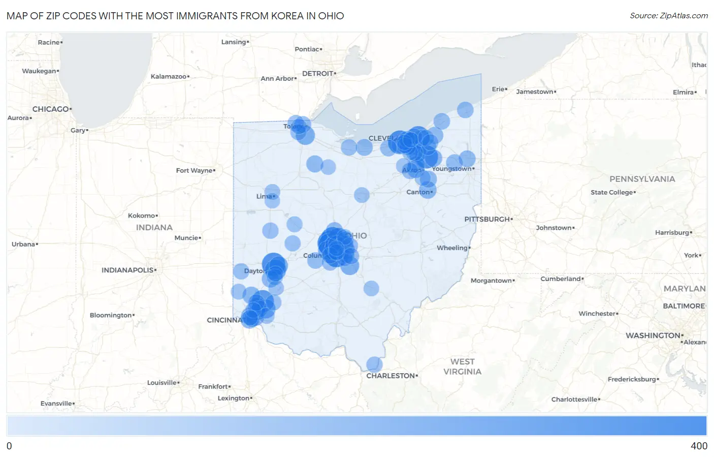 Zip Codes with the Most Immigrants from Korea in Ohio Map