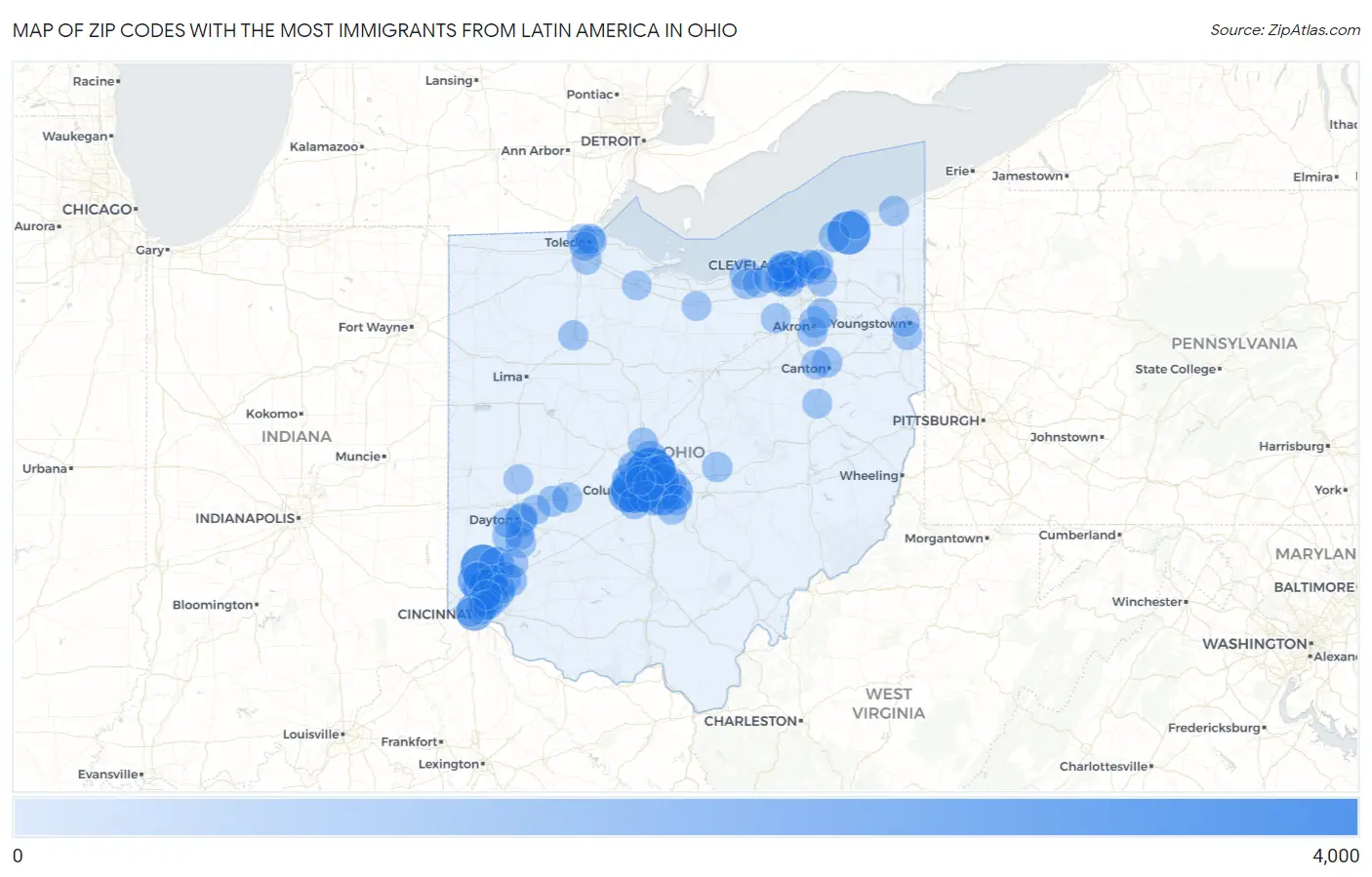 Zip Codes with the Most Immigrants from Latin America in Ohio Map