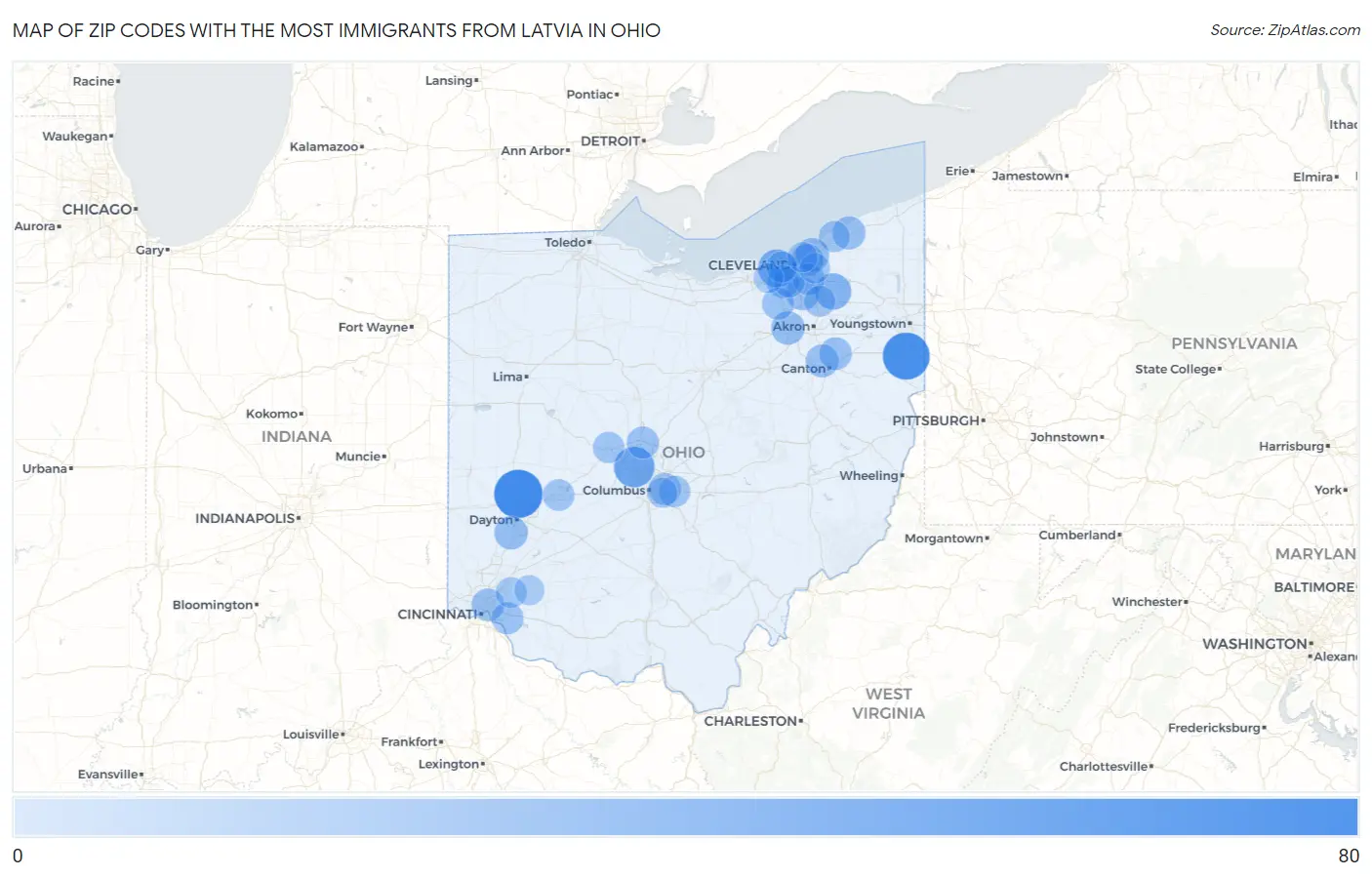 Zip Codes with the Most Immigrants from Latvia in Ohio Map