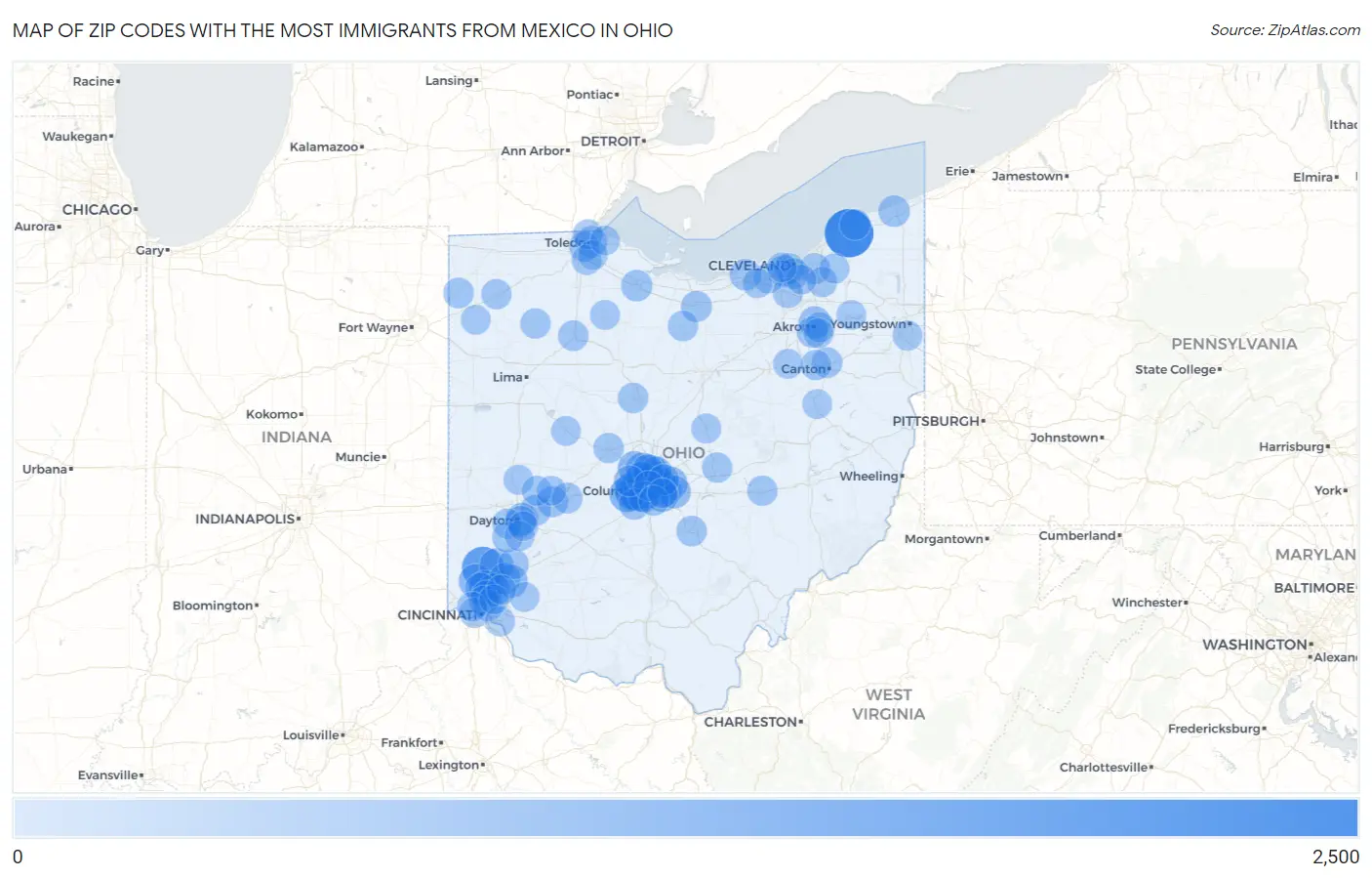 Zip Codes with the Most Immigrants from Mexico in Ohio Map