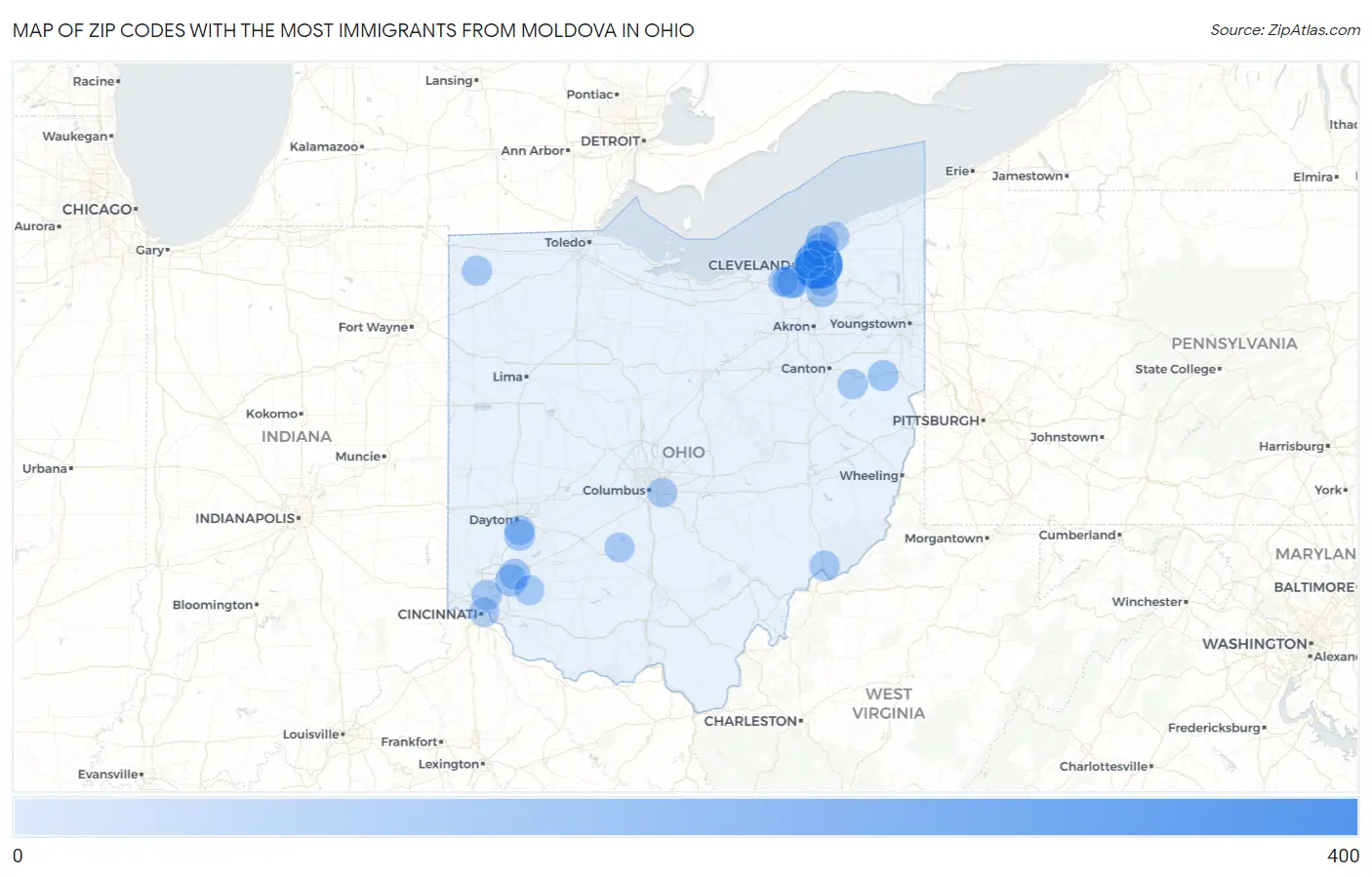Zip Codes with the Most Immigrants from Moldova in Ohio Map