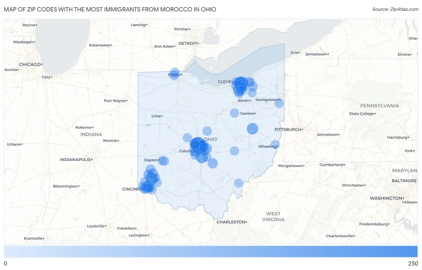 Zip Codes with the Most Immigrants from Morocco in Ohio Map
