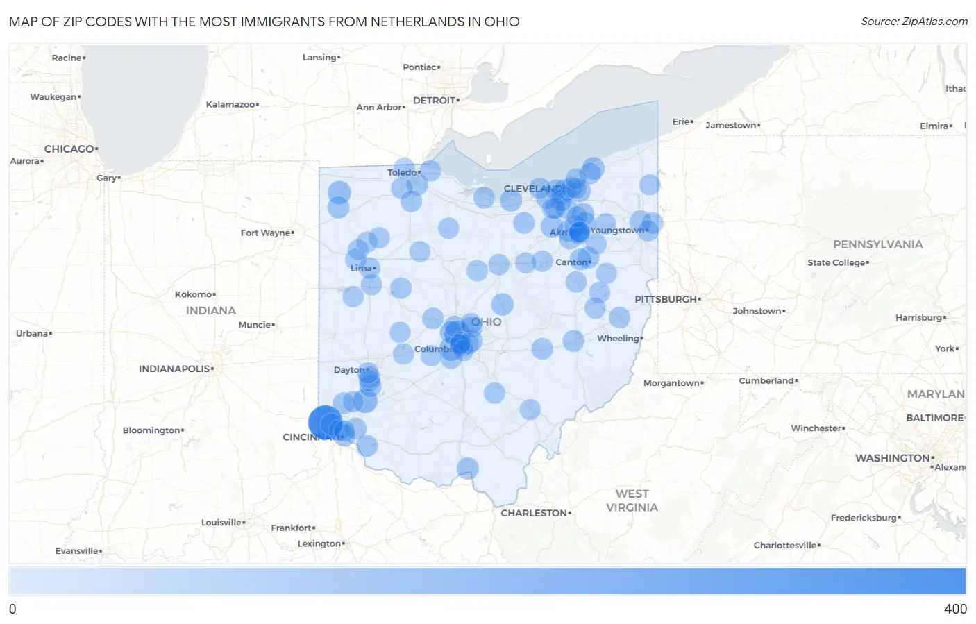 Zip Codes with the Most Immigrants from Netherlands in Ohio Map
