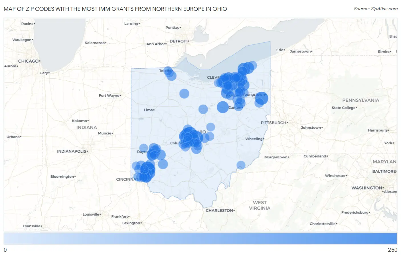 Zip Codes with the Most Immigrants from Northern Europe in Ohio Map