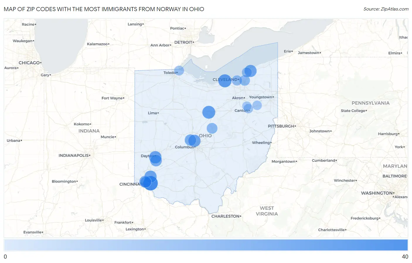 Zip Codes with the Most Immigrants from Norway in Ohio Map