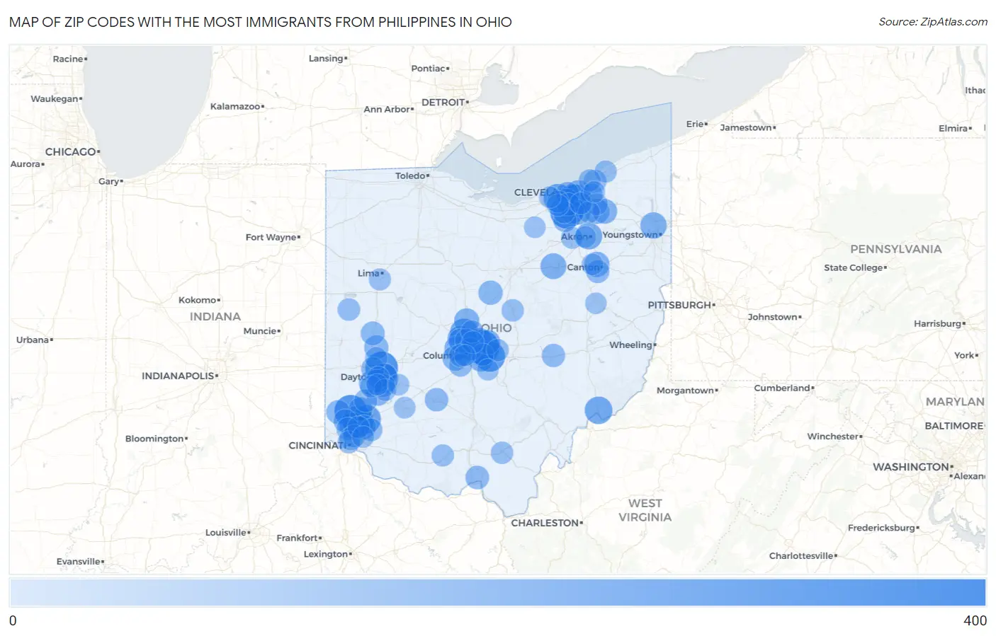 Zip Codes with the Most Immigrants from Philippines in Ohio Map