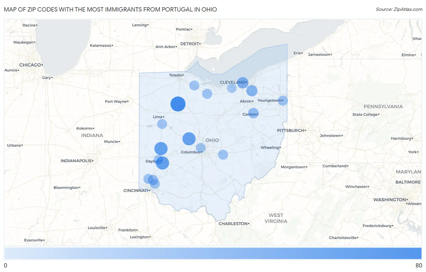 Zip Codes with the Most Immigrants from Portugal in Ohio Map