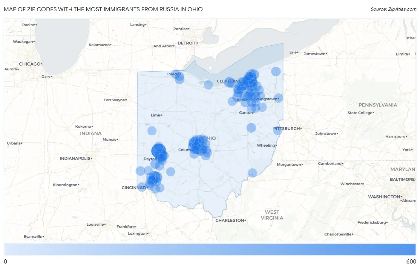 Zip Codes with the Most Immigrants from Russia in Ohio Map