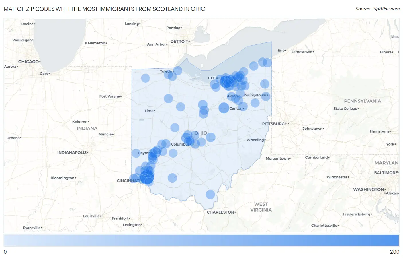 Zip Codes with the Most Immigrants from Scotland in Ohio Map