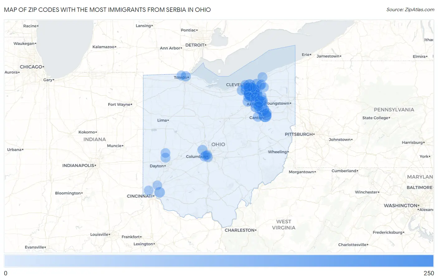 Zip Codes with the Most Immigrants from Serbia in Ohio Map