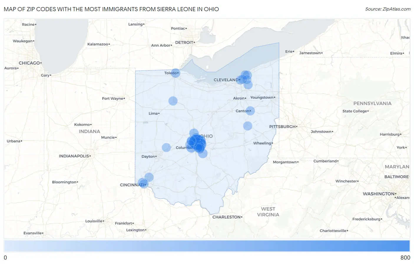 Zip Codes with the Most Immigrants from Sierra Leone in Ohio Map
