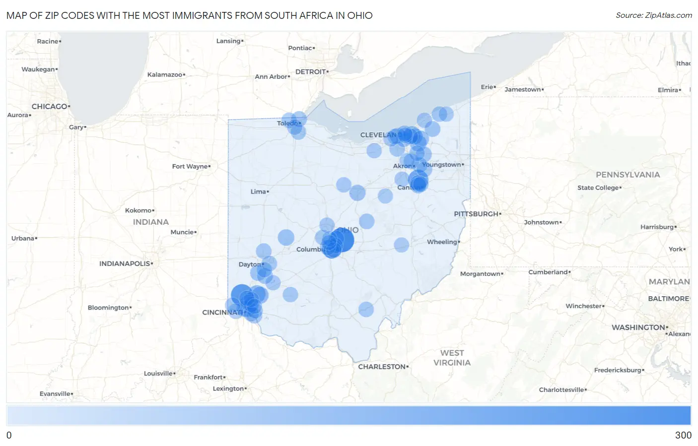 Zip Codes with the Most Immigrants from South Africa in Ohio Map