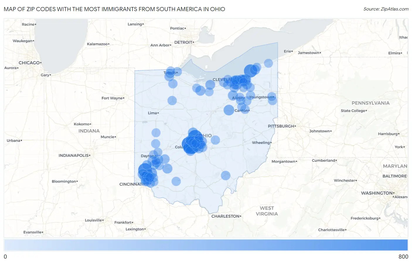 Zip Codes with the Most Immigrants from South America in Ohio Map