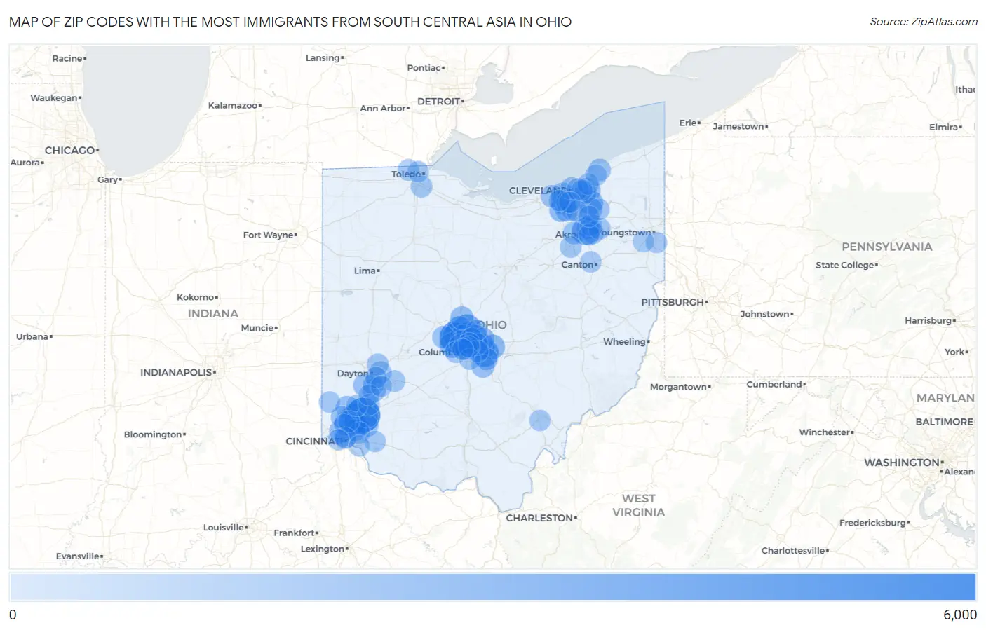 Zip Codes with the Most Immigrants from South Central Asia in Ohio Map
