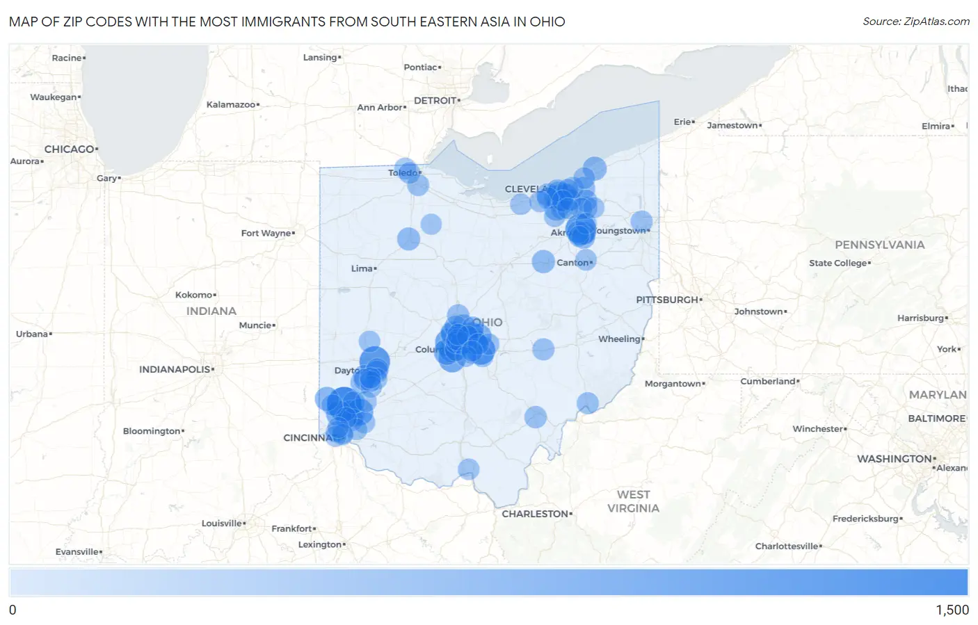 Zip Codes with the Most Immigrants from South Eastern Asia in Ohio Map