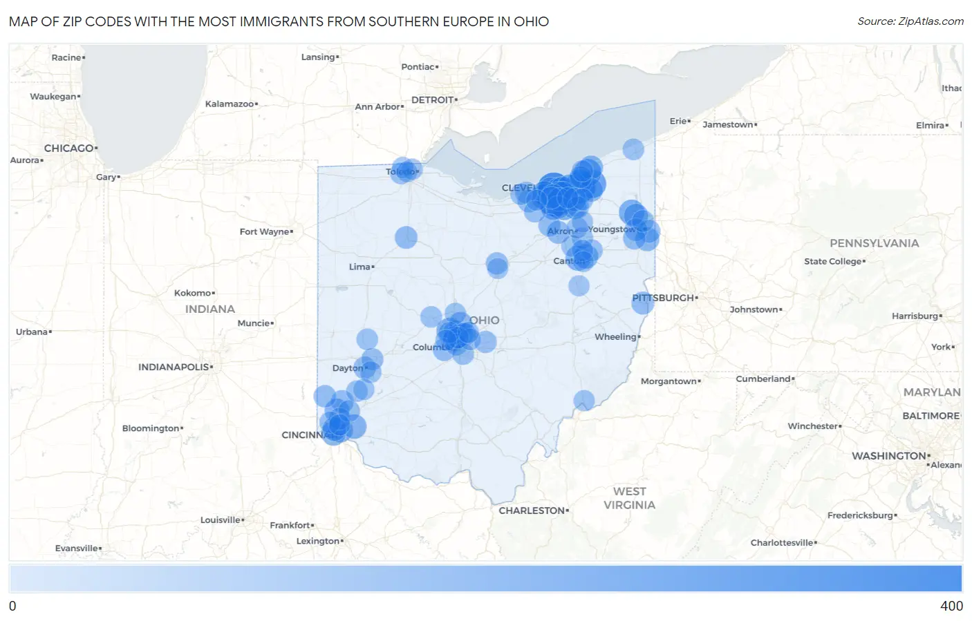 Zip Codes with the Most Immigrants from Southern Europe in Ohio Map