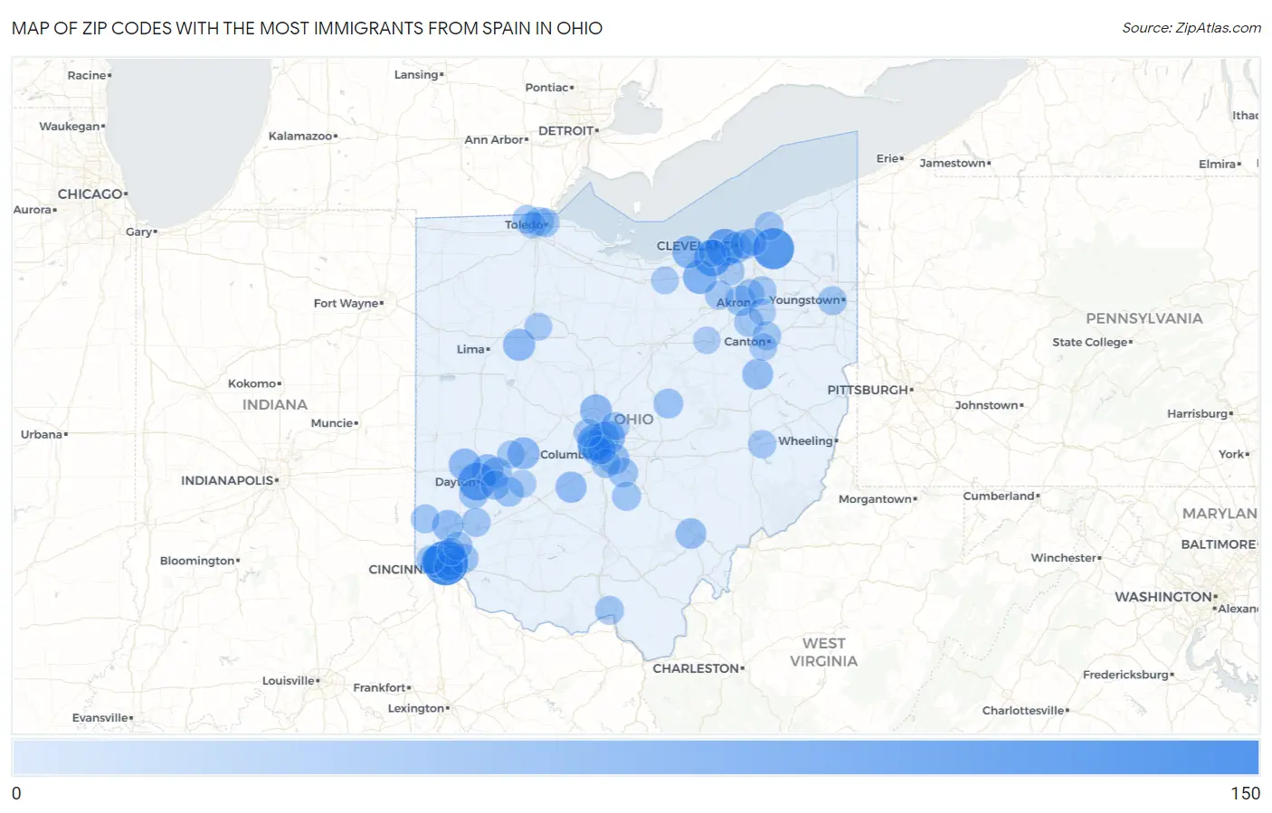 Zip Codes with the Most Immigrants from Spain in Ohio Map