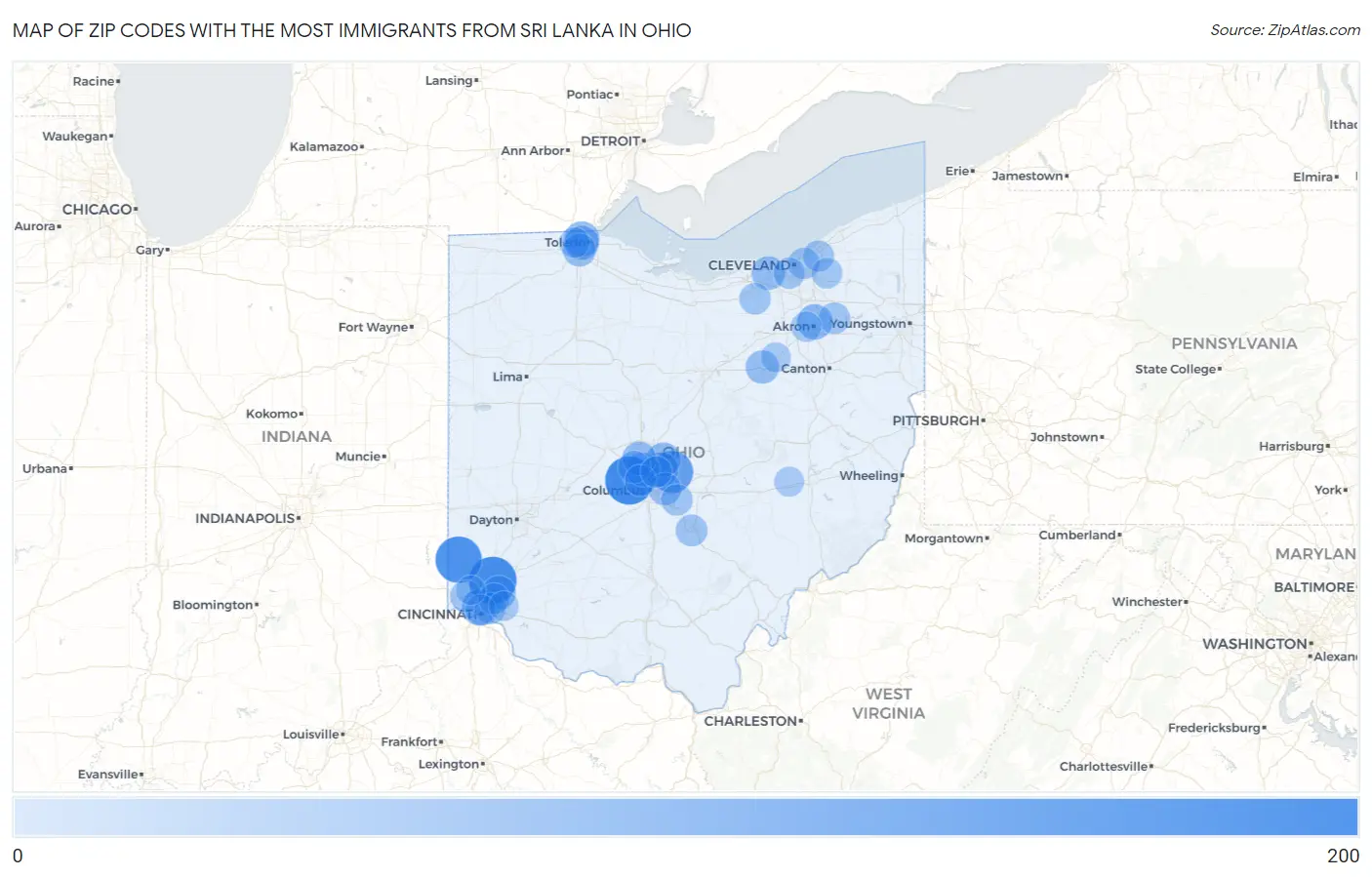 Zip Codes with the Most Immigrants from Sri Lanka in Ohio Map