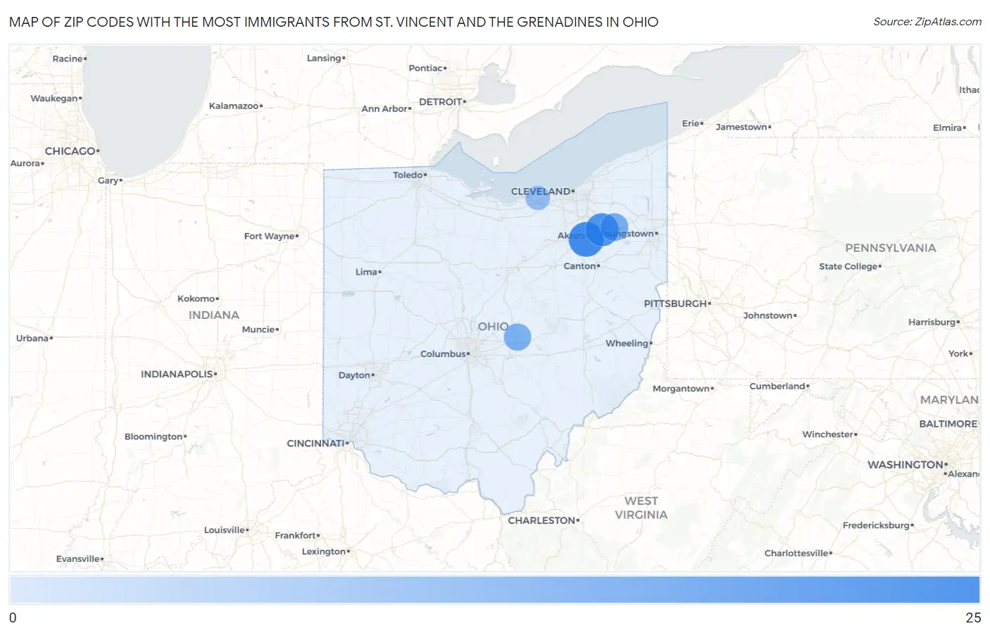 Zip Codes with the Most Immigrants from St. Vincent and the Grenadines in Ohio Map