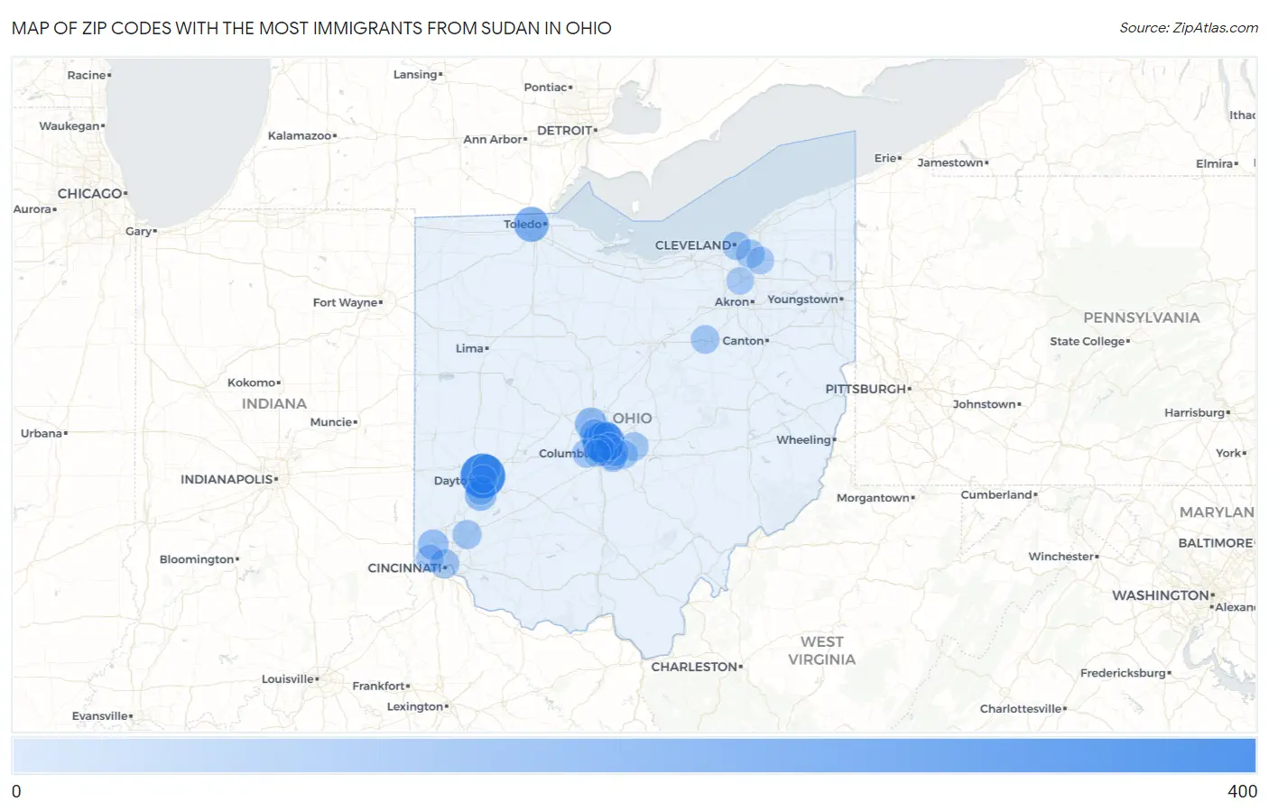Zip Codes with the Most Immigrants from Sudan in Ohio Map