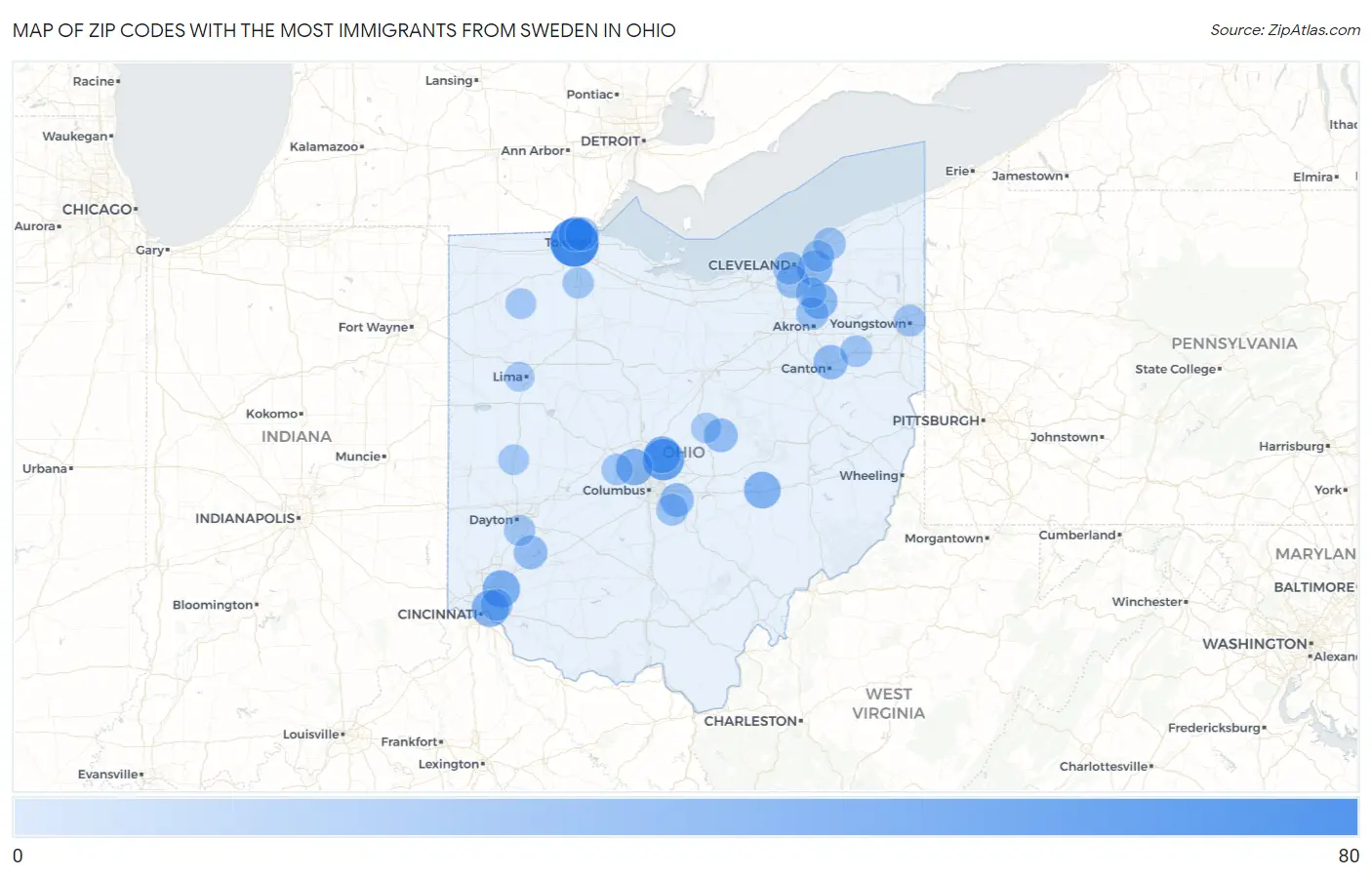 Zip Codes with the Most Immigrants from Sweden in Ohio Map