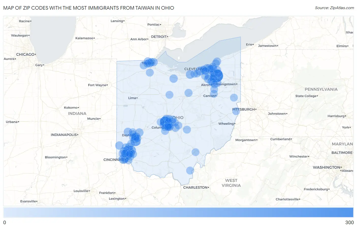 Zip Codes with the Most Immigrants from Taiwan in Ohio Map