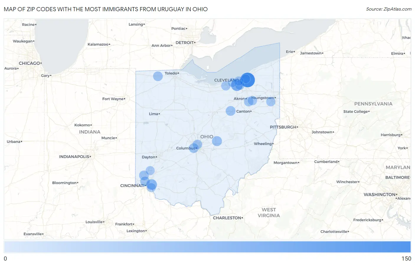 Zip Codes with the Most Immigrants from Uruguay in Ohio Map