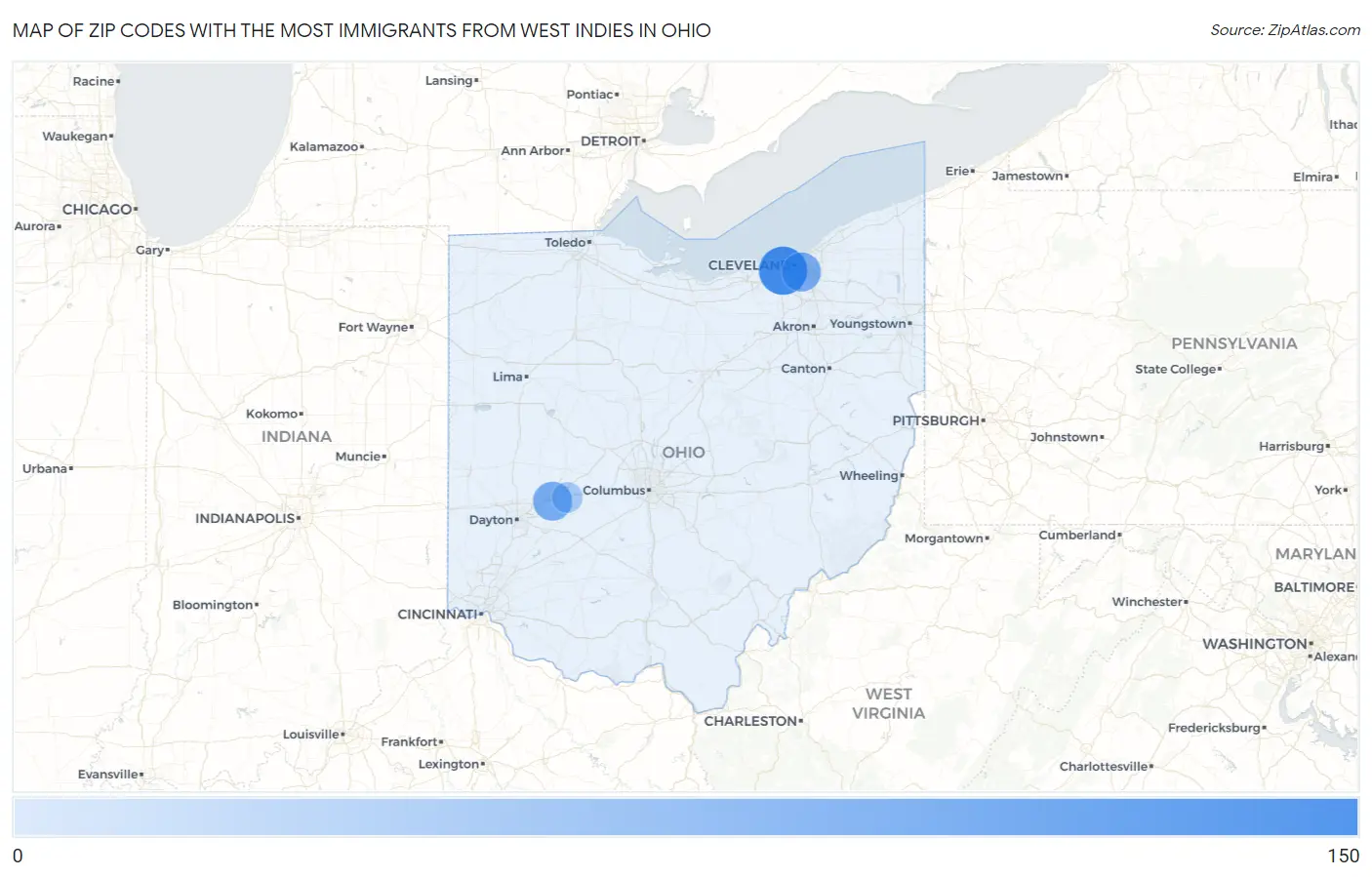 Zip Codes with the Most Immigrants from West Indies in Ohio Map