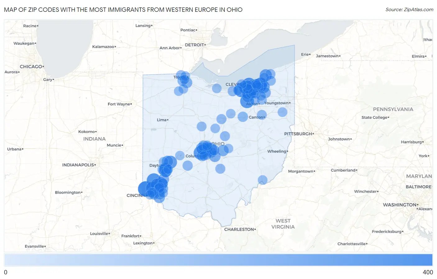 Zip Codes with the Most Immigrants from Western Europe in Ohio Map