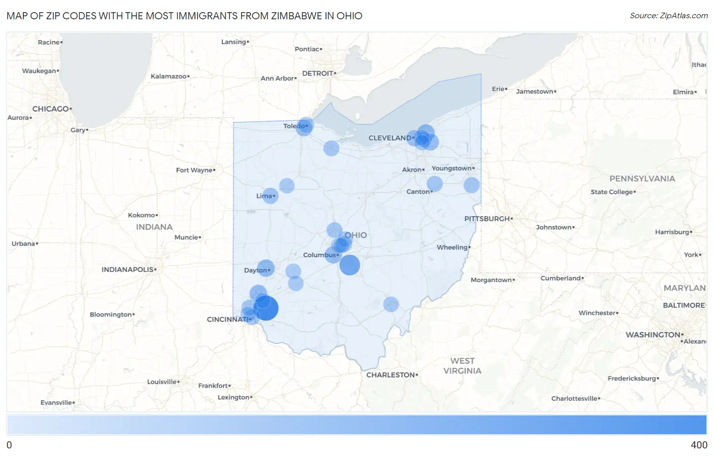 Zip Codes with the Most Immigrants from Zimbabwe in Ohio Map