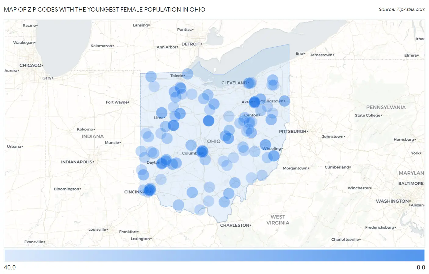 Zip Codes with the Youngest Female Population in Ohio Map