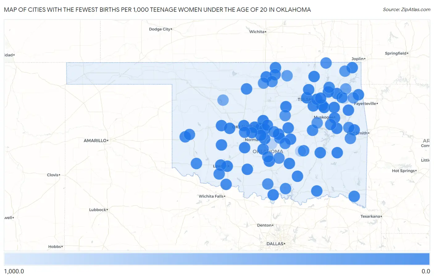 Cities with the Fewest Births per 1,000 Teenage Women Under the Age of 20 in Oklahoma Map