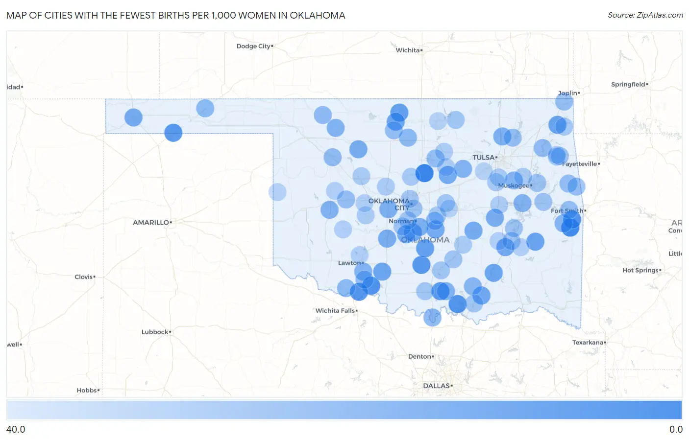 Cities with the Fewest Births per 1,000 Women in Oklahoma Map