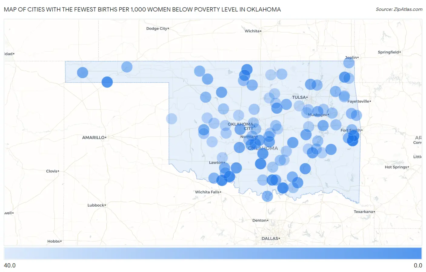 Cities with the Fewest Births per 1,000 Women Below Poverty Level in Oklahoma Map