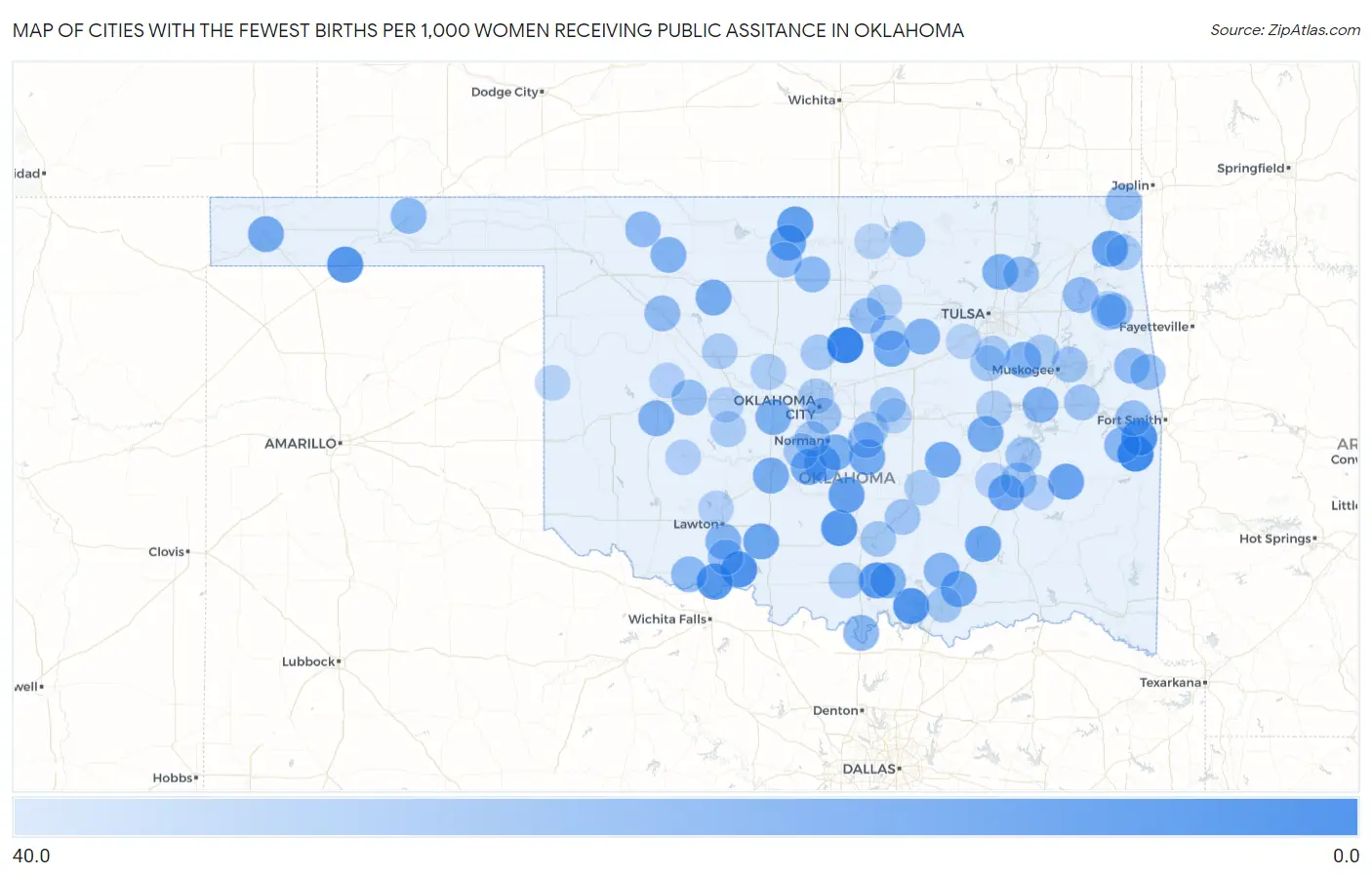 Cities with the Fewest Births per 1,000 Women Receiving Public Assitance in Oklahoma Map