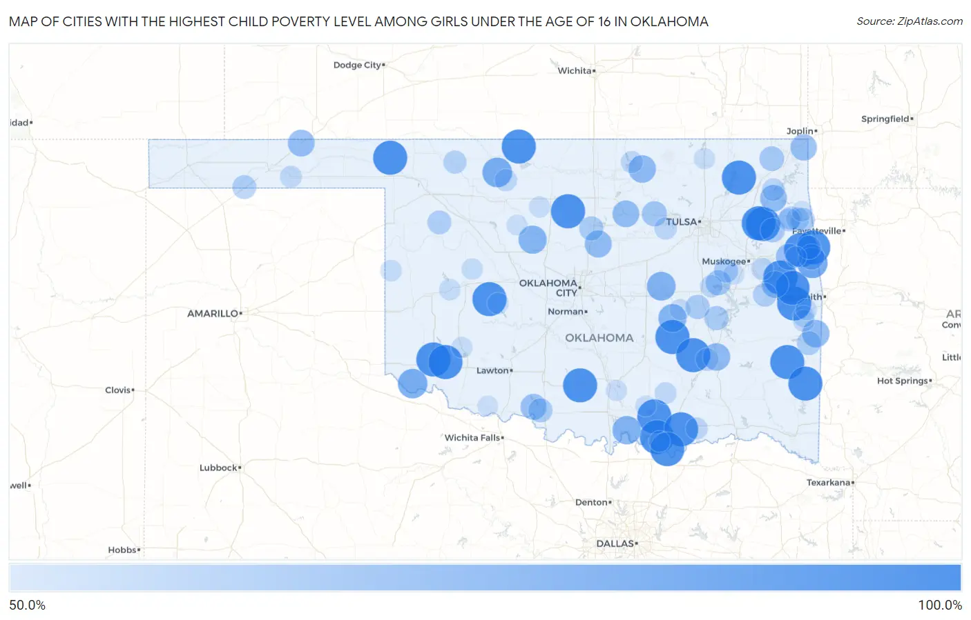 Cities with the Highest Child Poverty Level Among Girls Under the Age of 16 in Oklahoma Map