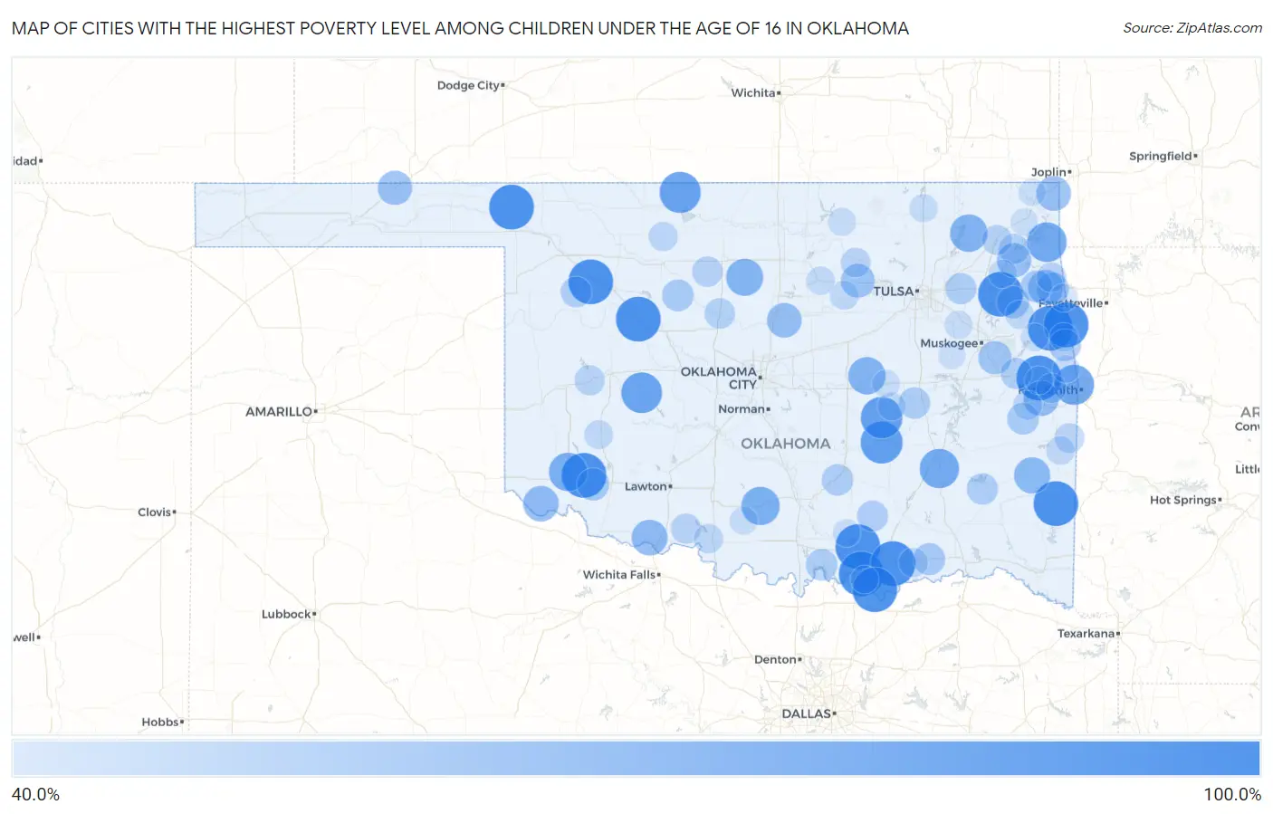 Cities with the Highest Poverty Level Among Children Under the Age of 16 in Oklahoma Map