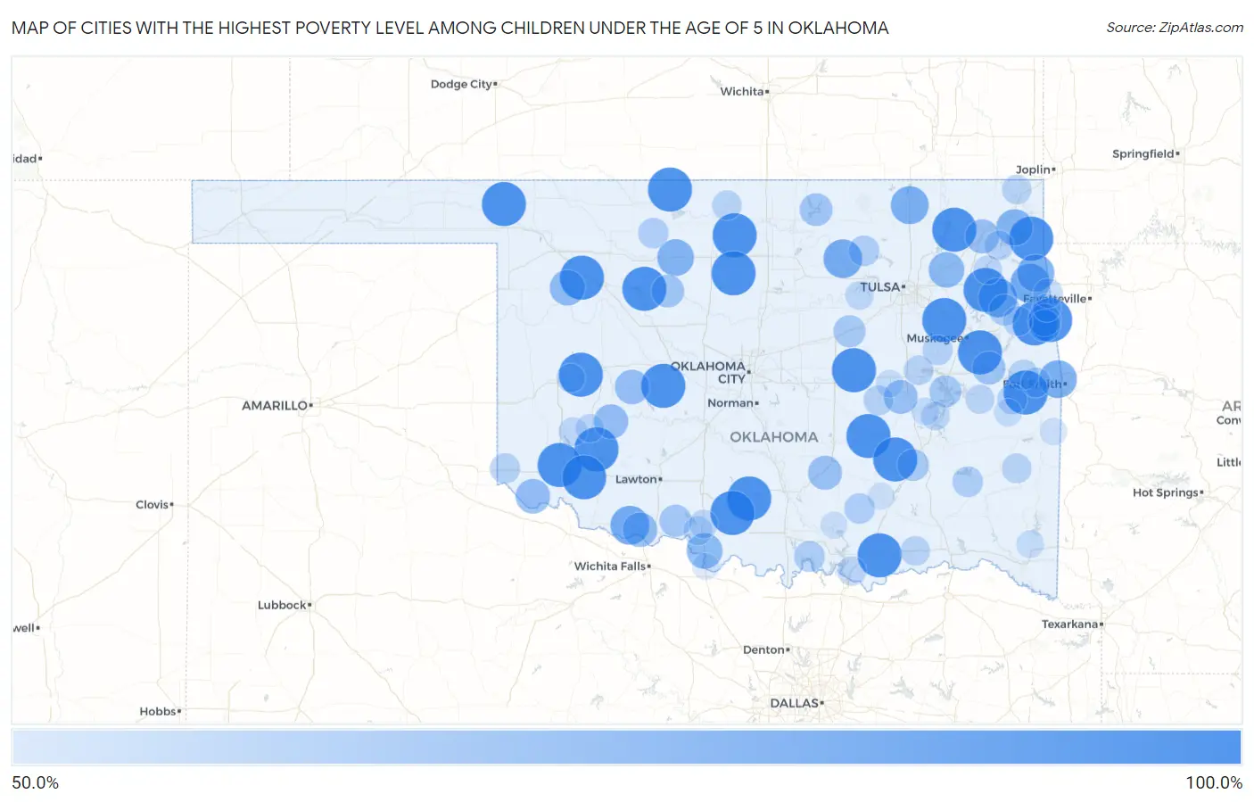 Cities with the Highest Poverty Level Among Children Under the Age of 5 in Oklahoma Map
