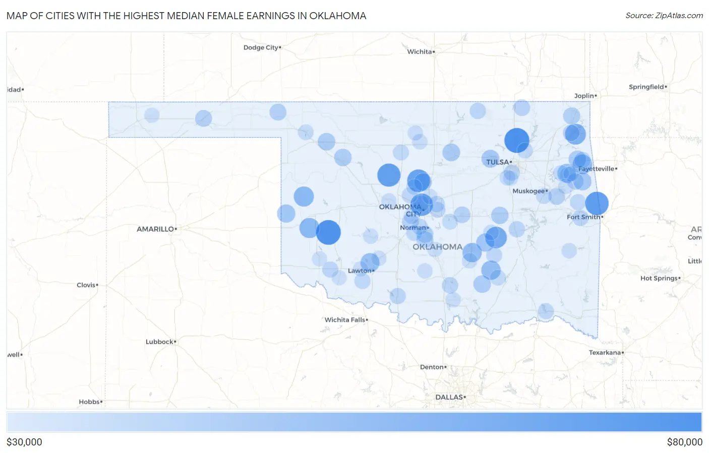 Cities with the Highest Median Female Earnings in Oklahoma Map