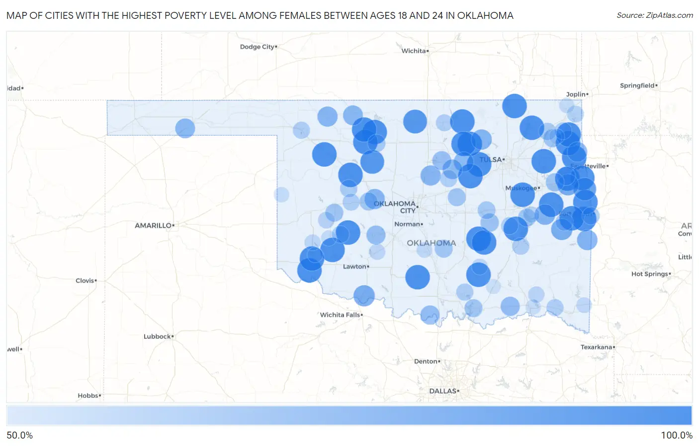 Cities with the Highest Poverty Level Among Females Between Ages 18 and 24 in Oklahoma Map