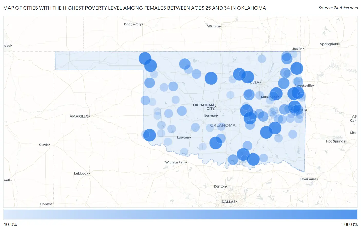 Cities with the Highest Poverty Level Among Females Between Ages 25 and 34 in Oklahoma Map